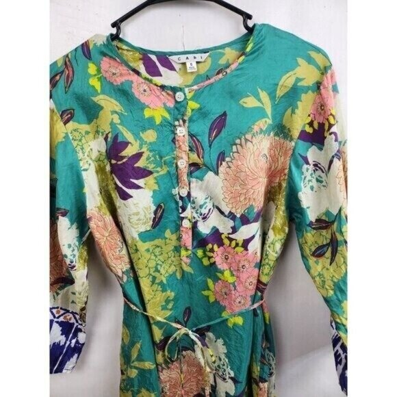 Vintage CAbi Womens Poetry Tunic Top Small Green Floral Silk 3/4 Sleeve BOHO 812 - Picture 2 of 12